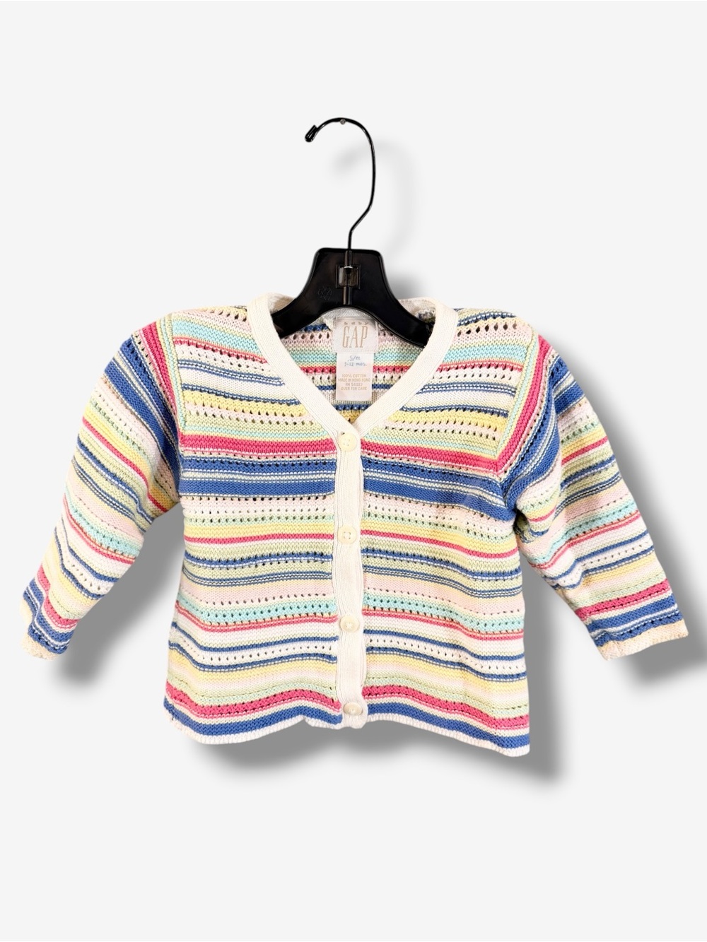 Vintage Baby GAP Crochet Knit Cardigan Sweater S/M 3-12 Months Cream Blue Stripe